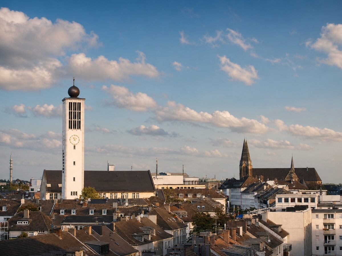Stadtsilhouette mit Kirchtürmen über den Dächern