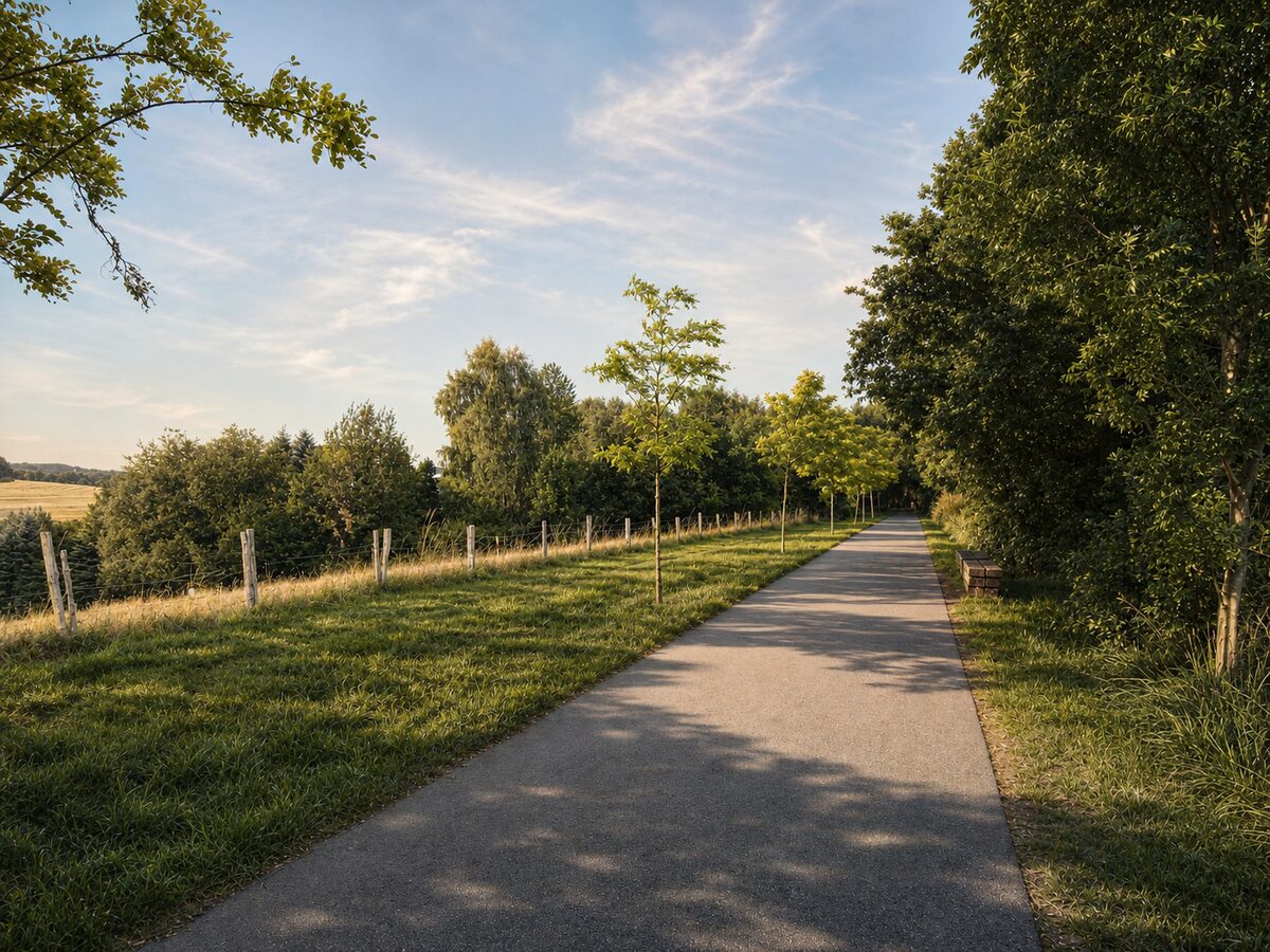 Asphaltierter Weg zwischen Wiesen und Baumgruppen im Abendlicht