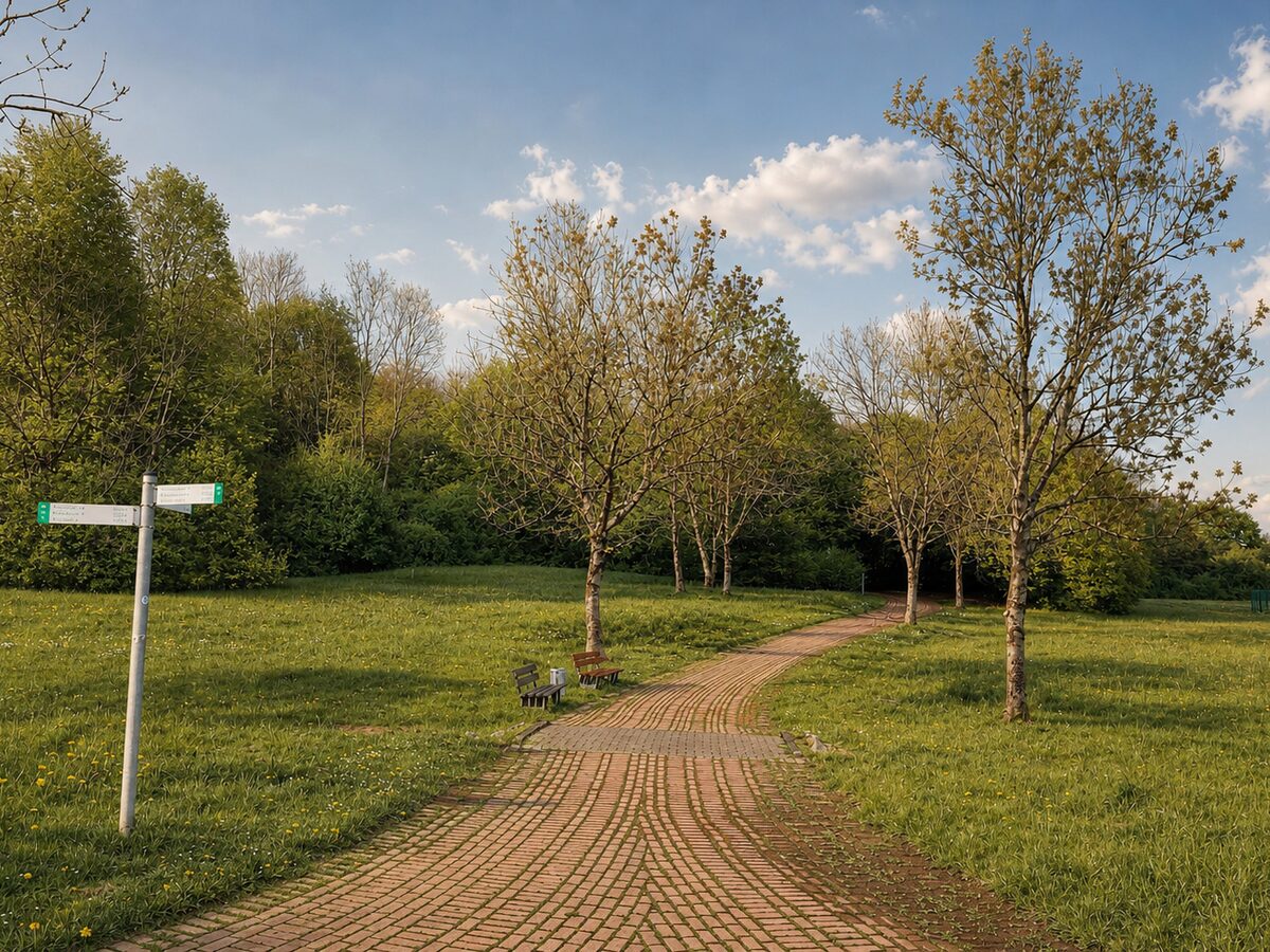 Gepflasterter Parkweg mit Wegweiser und Bank