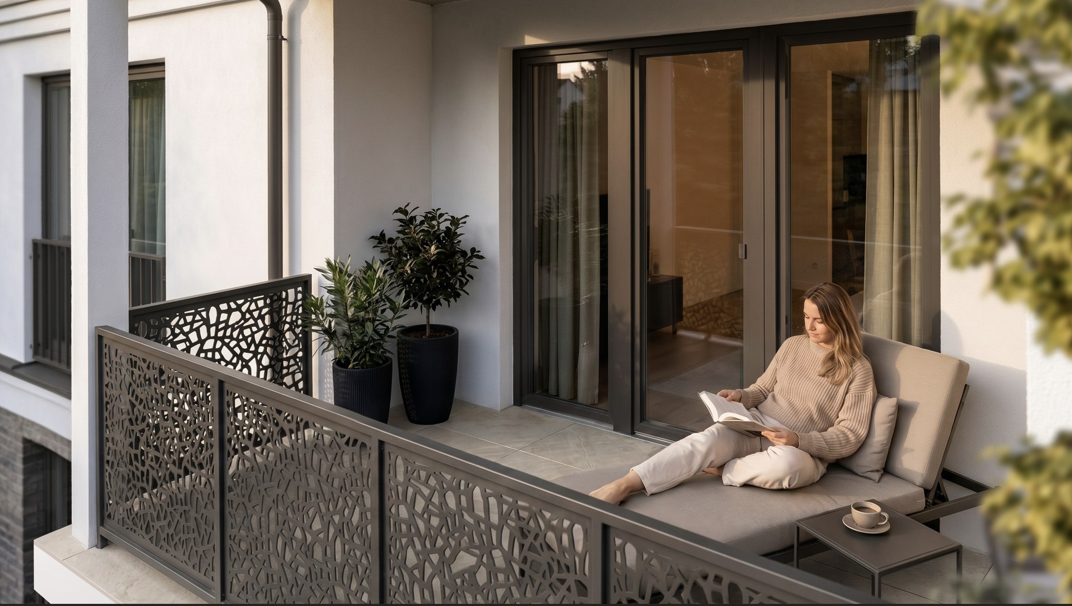 Balkon einer LAIF-Wohnung mit Lesesessel